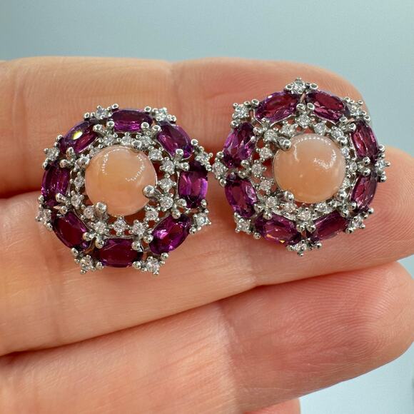 Rodolite Garnet Pink Opal CZ Silver Stud Earrings Tested Opulent Princesscore - Picture 7 of 15